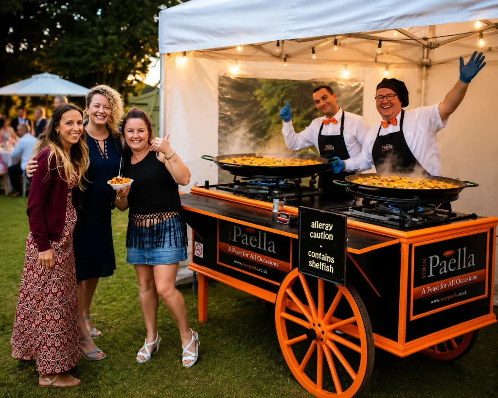 Paella catering at a private party with guests watching live cooking from the Your Paella Cart